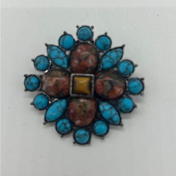 Faux Turquoise & Sunstone Brooch Pin‎ - Picture 1 of 4